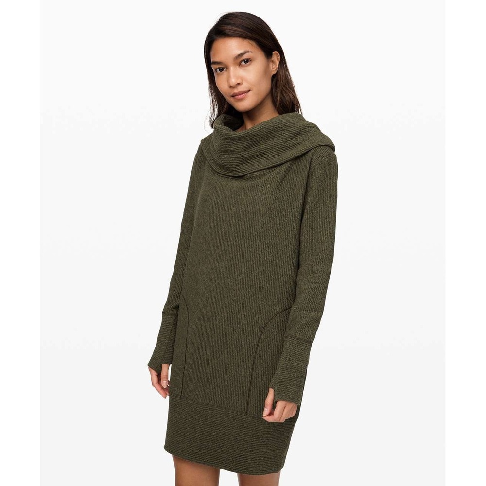 Lululemon Along the Way Dress Heathered Dark Olive Cowl Neck Thumbholes XXS